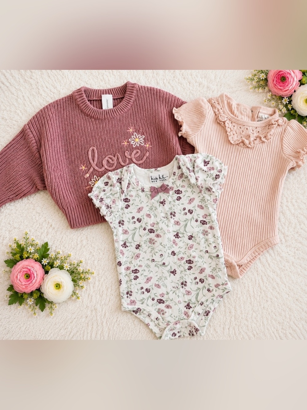 Nicole Miller Floral Bodysuit with Dusty Rose & Blush Knit Tops